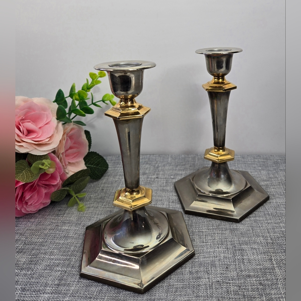 Vintage Set Brass‎ & Silverplated Zinc Candlesticks 7" Tall x 4" Base